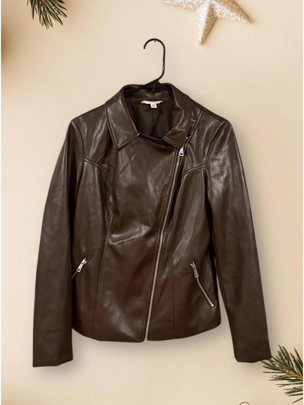 Time and Tru Women's Brown Asymmetrical Faux Leather Jacket Juniors Small (4-6)